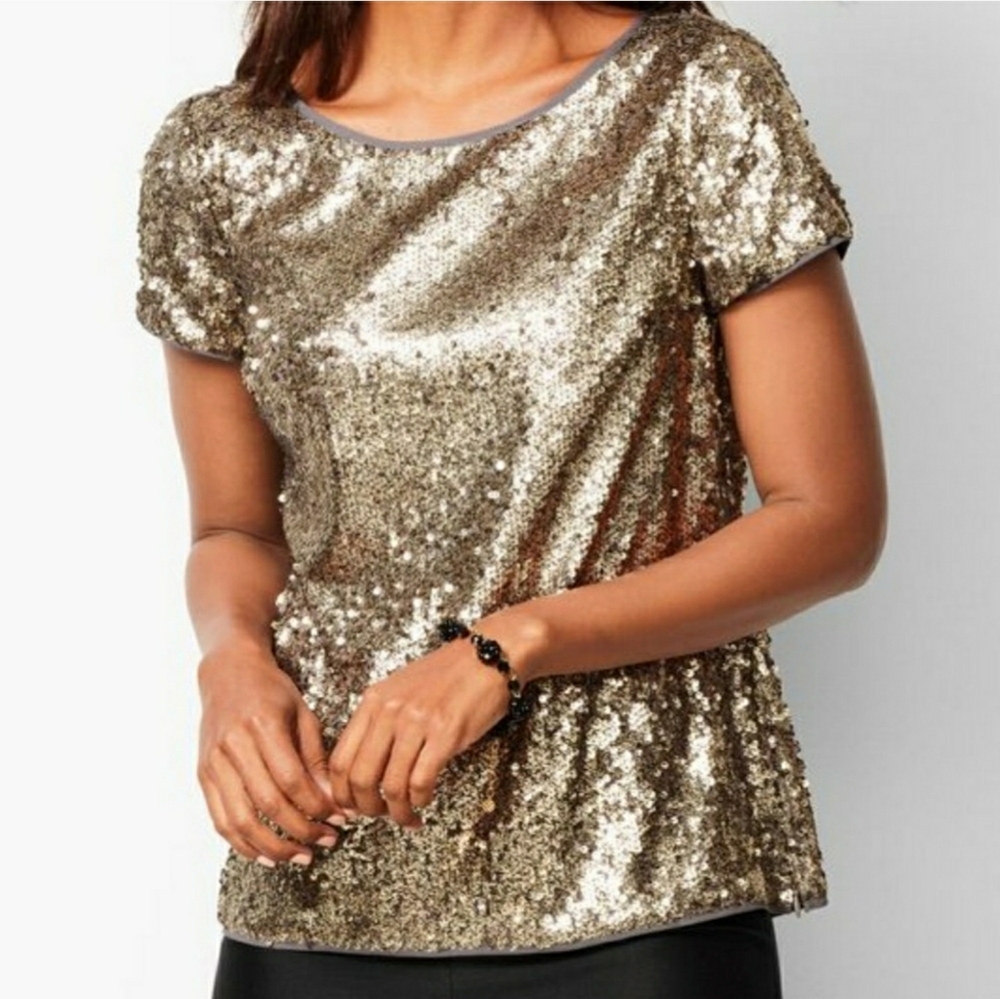 NWT Talbots Gold Pewter Sequin Fully Lined Blouse Size 14
